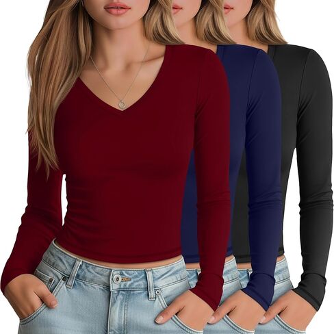 3 Pack Women's Long Sleeve Shirts V Neck Fitted Crop Tops Basic Tight Stretchy Tees Lightweight Layering Clothes in Saudi Arabia