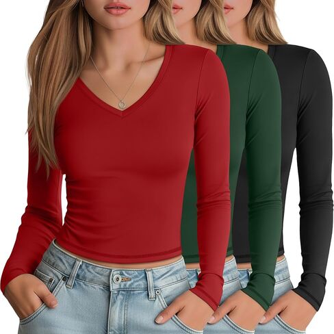 3 Pack Women's Long Sleeve Shirts V Neck Fitted Crop Tops Basic Tight Stretchy Tees Lightweight Layering Clothes in Saudi Arabia