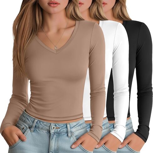 3 Pack Women's Long Sleeve Shirts V Neck Fitted Crop Tops Basic Tight Stretchy Tees Lightweight Layering Clothes in Saudi Arabia