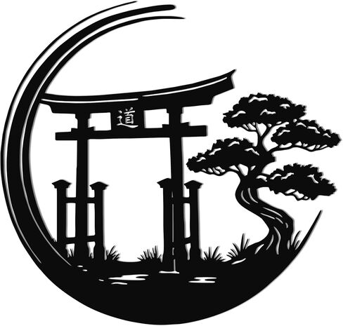 JEWLOVE لوحة فنية جدارية يابانية، ديكور حائط ياباني - بوابة Zen Torii مع علامة معدنية لشجرة البونساي، ديكور آسيوي للمكتب المنزلي، 12.8 × 12.2 بوصة in Kuwait