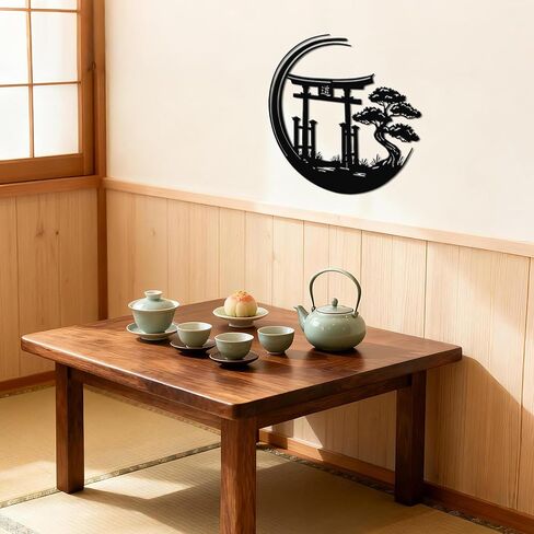 JEWLOVE لوحة فنية جدارية يابانية، ديكور حائط ياباني - بوابة Zen Torii مع علامة معدنية لشجرة البونساي، ديكور آسيوي للمكتب المنزلي، 12.8 × 12.2 بوصة in Kuwait