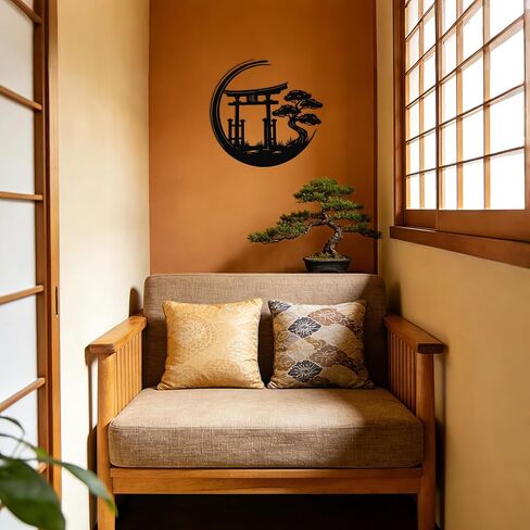 JEWLOVE لوحة فنية جدارية يابانية، ديكور حائط ياباني - بوابة Zen Torii مع علامة معدنية لشجرة البونساي، ديكور آسيوي للمكتب المنزلي، 12.8 × 12.2 بوصة in Kuwait