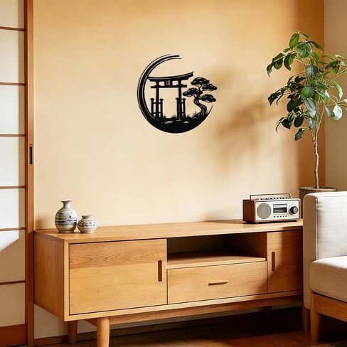 JEWLOVE لوحة فنية جدارية يابانية، ديكور حائط ياباني - بوابة Zen Torii مع علامة معدنية لشجرة البونساي، ديكور آسيوي للمكتب المنزلي، 12.8 × 12.2 بوصة in Kuwait