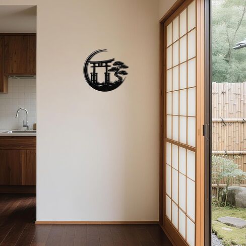 JEWLOVE لوحة فنية جدارية يابانية، ديكور حائط ياباني - بوابة Zen Torii مع علامة معدنية لشجرة البونساي، ديكور آسيوي للمكتب المنزلي، 12.8 × 12.2 بوصة in Kuwait
