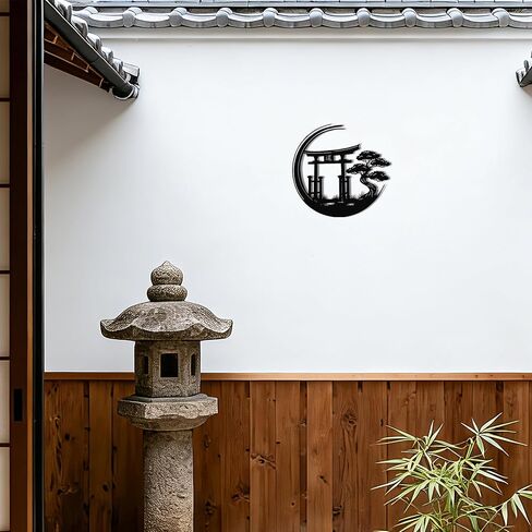 JEWLOVE لوحة فنية جدارية يابانية، ديكور حائط ياباني - بوابة Zen Torii مع علامة معدنية لشجرة البونساي، ديكور آسيوي للمكتب المنزلي، 12.8 × 12.2 بوصة in Kuwait
