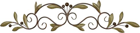 Catalonia Olive Metal Wall Art Topper | Large, Wide Handcrafted Design | Handpainted Brown Earth Tones | Openwork Scrolls with Olive Leaves | Hang Alone or Above A Wide Doorway, Window, or Artwork in Kuwait