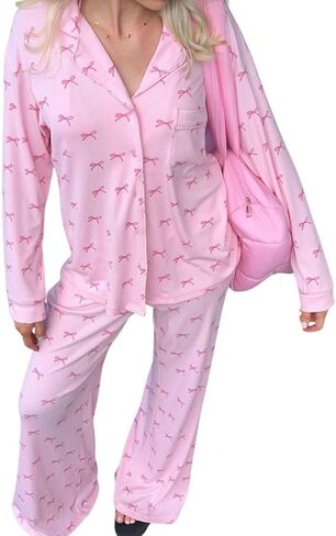 Womens Pajama Sets Cute Pj Set Bow Tie Print Long Sleeve Button Down Shirt With Long Pants Fall Sleepwear in Kuwait