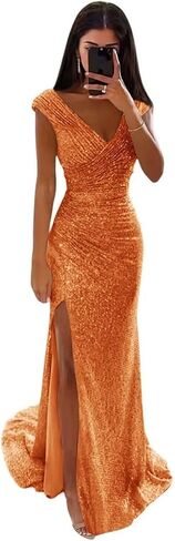 Sparkly Sequin Prom Dresses for Women 2026 Mermaid Ruched V Neck Formal Evening Party Dress with Slit in Saudi Arabia