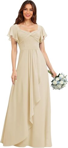 Long Chiffon Bridesmaid Dress 2026 Short Sleeves Formal Dress GO008 in Kuwait
