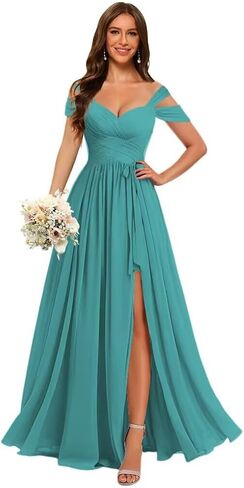 فستان وصيفة العروس بدون أكتاف للنساء من Stylefun مع حزام شيفون مكشكش فساتين سهرة رسمية STN002 in Kuwait