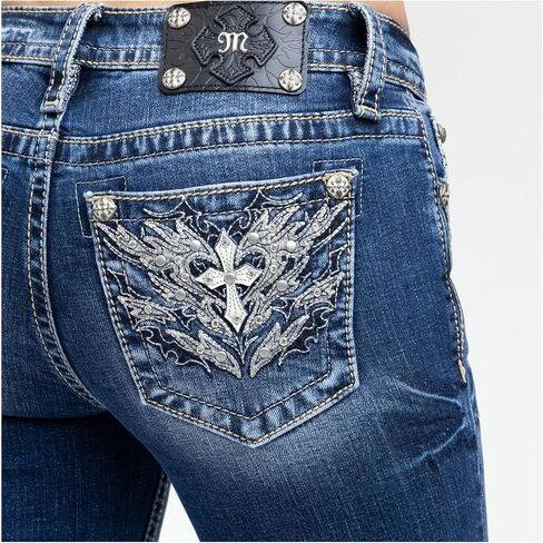 Miss Me Women's Flame Cross and Heart Embellished Pockets Mid-Rise Bootcut Jeans in Kuwait