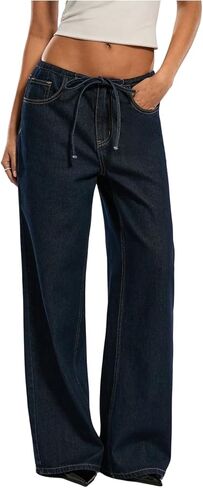 GORGLITTER Women's Low Rise Baggy Jeans Trendy Wide Leg Drawstring Tie Elastic Waist Stretchy Denim Pants Trouser Jeans in Saudi Arabia