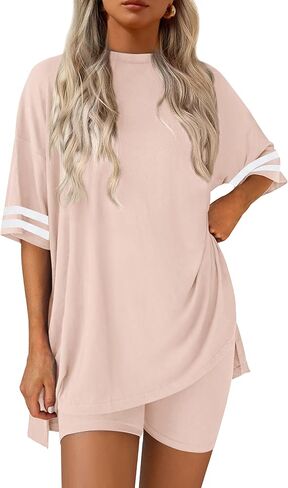 Ekouaer Lounge Sets for Women Casual Oversized Short Sleeve Tops Biker Shorts Soft Comfy Pajama Sets 2 Piece Outfits S-XXL in Kuwait