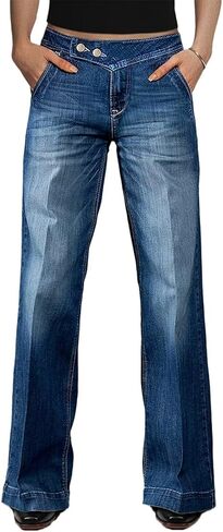 Flamingals Straight Leg Mid Rise Wash Dual Button Butt Lifting Women's Jeans with Pockets in Saudi Arabia