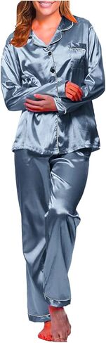 Womens Satin Pajama Set Long Sleeve Silk Pajamas Set Pjs 2 Piece Sleepwear Casual Button Down Lounge Sets With Pant in Saudi Arabia