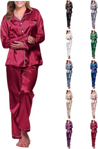 Womens Satin Pajama Set Long Sleeve Silk Pajamas Set Pjs 2 Piece Sleepwear Casual Button Down Lounge Sets With Pant in Saudi Arabia