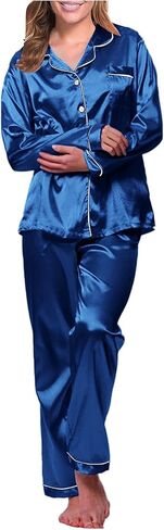 Womens Satin Pajama Set Long Sleeve Silk Pajamas Set Pjs 2 Piece Sleepwear Casual Button Down Lounge Sets With Pant in Saudi Arabia