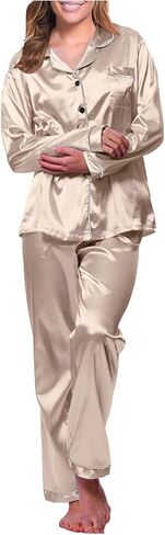Womens Satin Pajama Set Long Sleeve Silk Pajamas Set Pjs 2 Piece Sleepwear Casual Button Down Lounge Sets With Pant in Saudi Arabia