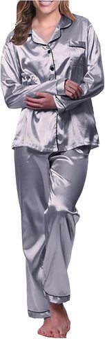 Womens Satin Pajama Set Long Sleeve Silk Pajamas Set Pjs 2 Piece Sleepwear Casual Button Down Lounge Sets With Pant in Saudi Arabia