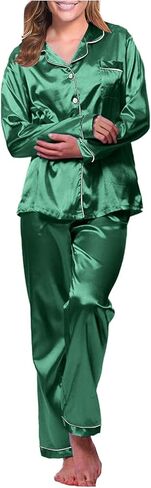Womens Satin Pajama Set Long Sleeve Silk Pajamas Set Pjs 2 Piece Sleepwear Casual Button Down Lounge Sets With Pant in Saudi Arabia