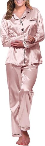 Womens Satin Pajama Set Long Sleeve Silk Pajamas Set Pjs 2 Piece Sleepwear Casual Button Down Lounge Sets With Pant in Saudi Arabia