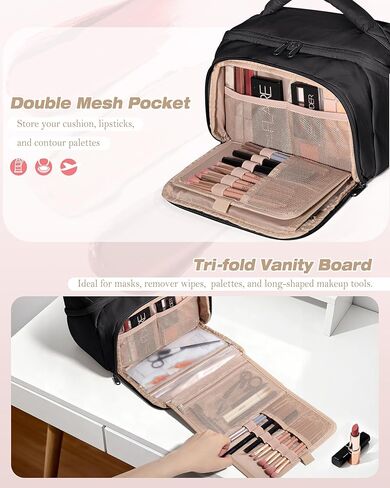 Travel Makeup Bag for Women, Toiletry Organizer with Waterproof Pockets, Puffy Cosmetics Pouch for Makeup Brushes, Skincare & Travel Essentials, Black (Bag only) in Saudi Arabia