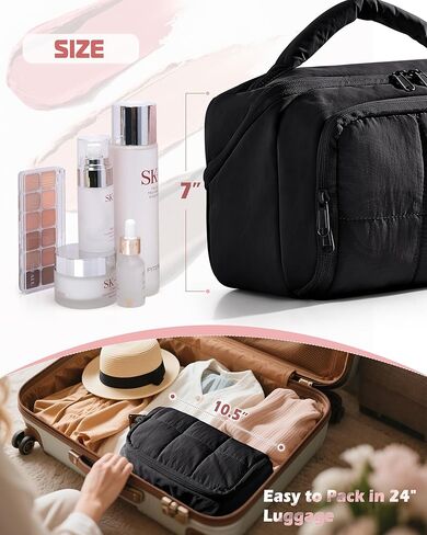 Travel Makeup Bag for Women, Toiletry Organizer with Waterproof Pockets, Puffy Cosmetics Pouch for Makeup Brushes, Skincare & Travel Essentials, Black (Bag only) in Saudi Arabia