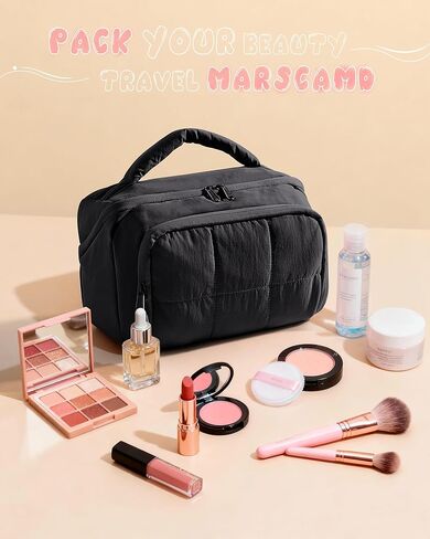 Travel Makeup Bag for Women, Toiletry Organizer with Waterproof Pockets, Puffy Cosmetics Pouch for Makeup Brushes, Skincare & Travel Essentials, Black (Bag only) in Saudi Arabia
