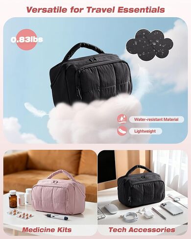 Travel Makeup Bag for Women, Toiletry Organizer with Waterproof Pockets, Puffy Cosmetics Pouch for Makeup Brushes, Skincare & Travel Essentials, Black (Bag only) in Saudi Arabia