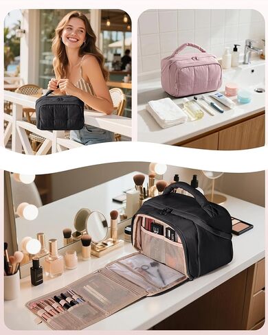 Travel Makeup Bag for Women, Toiletry Organizer with Waterproof Pockets, Puffy Cosmetics Pouch for Makeup Brushes, Skincare & Travel Essentials, Black (Bag only) in Saudi Arabia