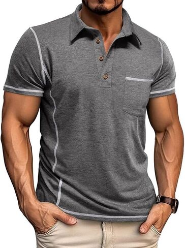 Men's Short Sleeve Polo Shirt Button Fitted Muscle Fit with Pocket and Contrast Trim Detail Workout Casual Polo in Saudi Arabia