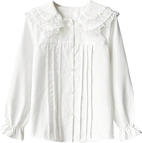 SHENHE Girl's Ruffle Doll Collar Lantern Sleeve Button Down Shirts Cute Kawaii Preppy Blouse in Saudi Arabia