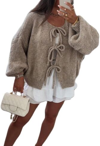 Women Tie Front Knit Cardigan Sweater Y2k Long Sleeve Open Front Knit Shirt Top Fall Oversized Knitwear Outwear in Saudi Arabia