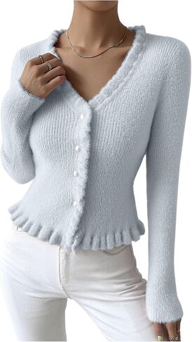 MakeMeChic Women's Ruffle Sweater Fall Cardigans V Neck Button Down Long Sleeve Cropped Cardigan in Saudi Arabia