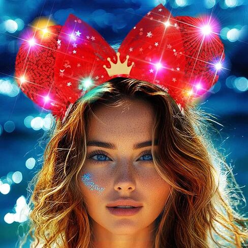 Unicra Light Up Headband Headbands Headbands Headbands Bow Hair Accessories للنساء والفتيات (آذان الترتر الأحمر - تيارا) in Saudi Arabia