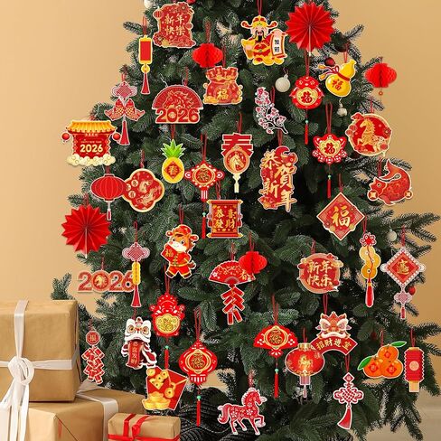 Chinese New Year Decorations, Lunar New Year Ornaments 2026 Horse Spring Festival Tree Decorations, Good Luck Ornament Red Lanterns Festive Tree Ornament for 2026 Year of The Horse Party in Saudi Arabia