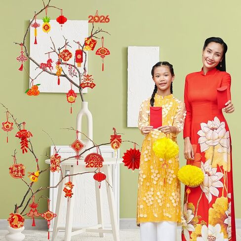 Chinese New Year Decorations, Lunar New Year Ornaments 2026 Horse Spring Festival Tree Decorations, Good Luck Ornament Red Lanterns Festive Tree Ornament for 2026 Year of The Horse Party in Saudi Arabia