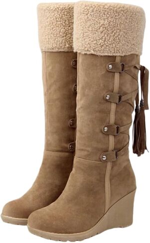 Women's Fleece Wedge Mid Calf Boots, Winter Warm Tassel Decor Suedette Boots, Thermal Outdoor Snow Boots in Saudi Arabia