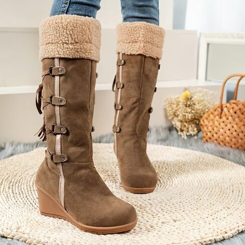 Women's Fleece Wedge Mid Calf Boots, Winter Warm Tassel Decor Suedette Boots, Thermal Outdoor Snow Boots in Saudi Arabia