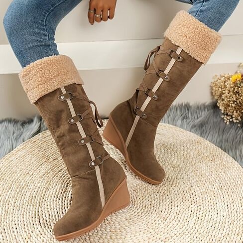 Women's Fleece Wedge Mid Calf Boots, Winter Warm Tassel Decor Suedette Boots, Thermal Outdoor Snow Boots in Saudi Arabia