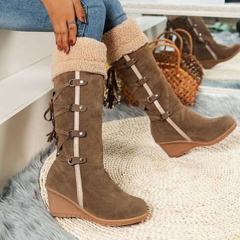 Women's Fleece Wedge Mid Calf Boots, Winter Warm Tassel Decor Suedette Boots, Thermal Outdoor Snow Boots in Saudi Arabia