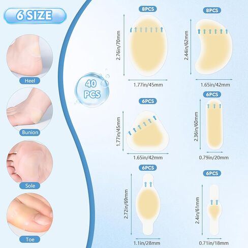 40ct Hydrocolloid Bandages Blister Bandages for Feet, Water Resistant Gel Blister Pads Blister Cushions for Heel Blister Prevention, Waterproof Toe Protection - 6 Size in Saudi Arabia