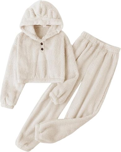 Kissonic Girls Fuzzy Pants Set Two Pieces Outfit Bear Ear Fluffy Hoodie Sweatshirt and Sweatpant Kids Clothing Sets in Saudi Arabia