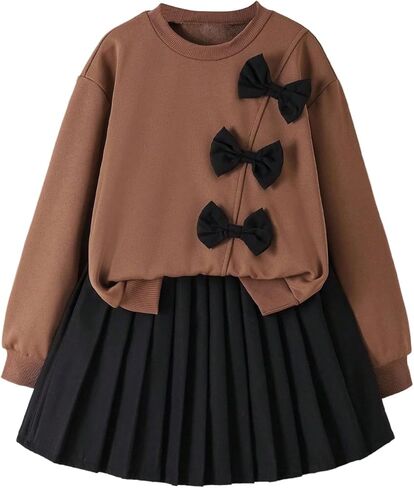 WDIRARA Girl's 2 Piece Skirt Outfits Bow Sweatshirts Pleated Mini Skirt Set Cut Outfits in Saudi Arabia