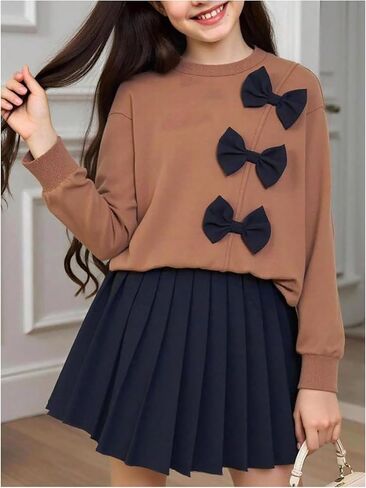 WDIRARA Girl's 2 Piece Skirt Outfits Bow Sweatshirts Pleated Mini Skirt Set Cut Outfits in Saudi Arabia