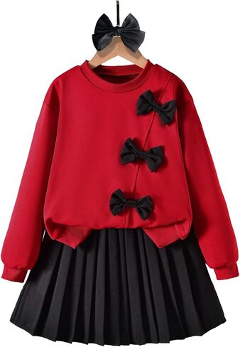 WDIRARA Girl's 2 Piece Skirt Outfits Bow Sweatshirts Pleated Mini Skirt Set Cut Outfits in Saudi Arabia