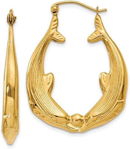 Diamond2Deal 14k Yellow Gold Polished Dolphin Hoop Earrings (L- 0.67 in, W- 0.16 in) in Saudi Arabia