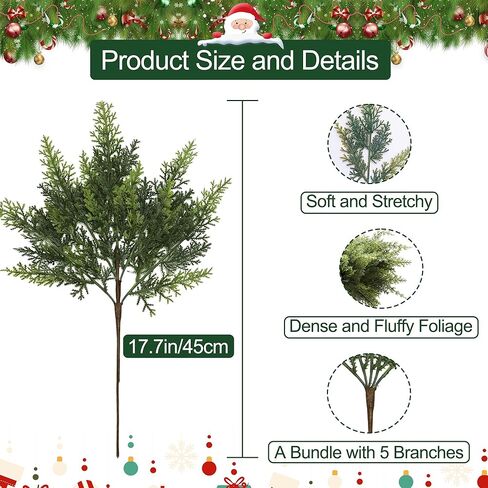 12Pcs 18" Real Touch Christmas Cedar Branches Artificial Realistic Christmas Greenery Pine Branches Faux Greenery Plants Stem for Vase DIY Crafts Garland Wreath Indoor Outdoor Home Decor in Saudi Arabia