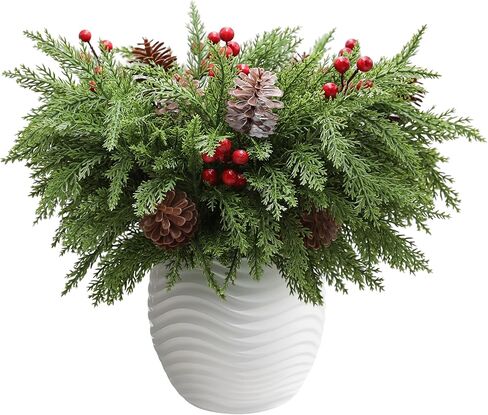 12Pcs 18" Real Touch Christmas Cedar Branches Artificial Realistic Christmas Greenery Pine Branches Faux Greenery Plants Stem for Vase DIY Crafts Garland Wreath Indoor Outdoor Home Decor in Saudi Arabia