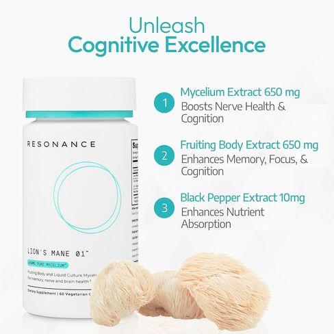 Lion’s Mane 01™ - Organic Premium Lions Mane Mushroom Extract Supplement | Fruiting Body & Pure Mycelium | Liquid Culture Mycelium with Erinacine A | Focus, Brain & Nerve Health| Non-GMO - 60 Capsules in Saudi Arabia